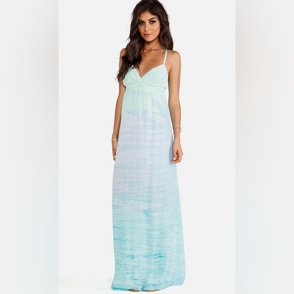 Revolve Gypsy 05 XS 100% Silk Ombre A-Line Maxi Dress Blue Green Aqua‎ Fit Flare